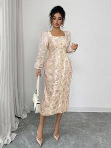 Elenzga 复古优雅金属提花方领长袖腰部收腰中长连衣裙，珍珠纽扣装饰，开衩设计，奢华法式风格 - 粉色 - 查看 4