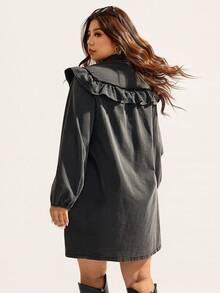 Elaquor Plus Size Women Long Sleeve Single-Breasted Ruffle Patchwork Casual Denim Dress - Black - View 2