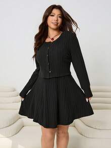 SHEIN EZwear 2025 Autumn/Winter New Casual Outgoing Daily Wear Party Commute Back To School Date Birthday Party Home Occasion Open Front Long Sleeve Jacket And Camisole Short Knit Dress, Warm Ribbed Knit Fabric, Black, Plus Size 2-Piece Set - Black - View 7