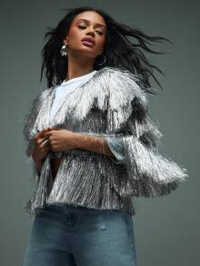 Hauture Chaqueta larga con mangas y flecos brillantes de plata para salir de noche y fiestas de mujeres - Plateado - Ver 5