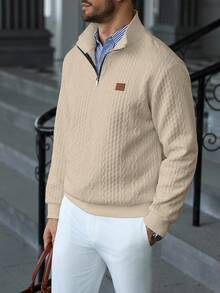 Manfinity CasualCool Men's Casual Solid Color Textured Half Zipper Quarter Zip Sweatshirt, Men's Autumn New Solid White Minimalist Casual Quarter Zip Sweatshirt For Men,Versatile Items For Daily Commuting, Travel, Cream Beige Cable Knit Quarter Zip Sweatshirt, Long Sleeve Top