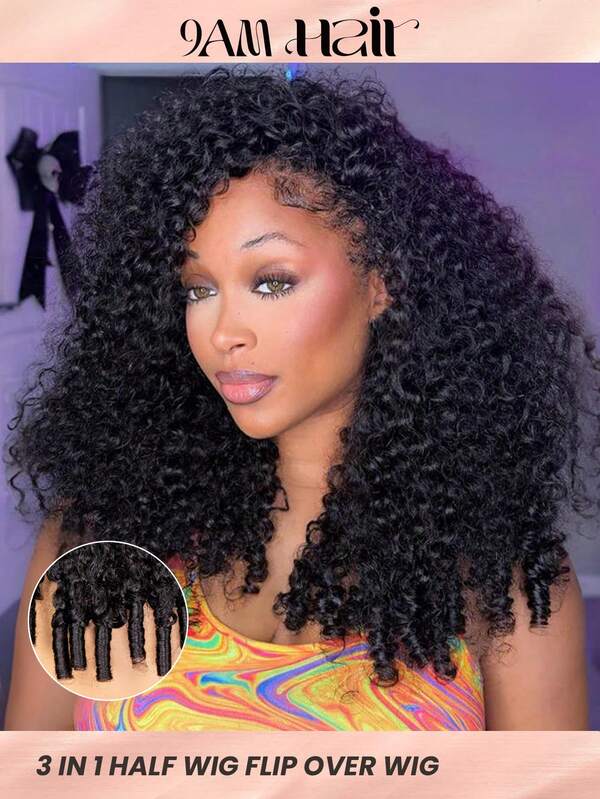 Burmese Curly 3 In 1 Half Wig InvisiFit Strap Human Hair Wear Go Glueless Wig For Beginners With Elastic Drawstring Seamless Flip Over Wig 14-16 Bob Inch 18-28 Regular Inch 180% Density Machine Made False Scalp No Glue No Lace Natural Color Chic And Elegant Charm Fashion Hair Stuff Gift For Women Accessories