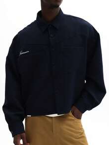 SUMWON 宽松长袖休闲衬衫，纽扣设计，宽松版型，适合工作场合穿着，纯色款 - 寶藍色 - 查看 2