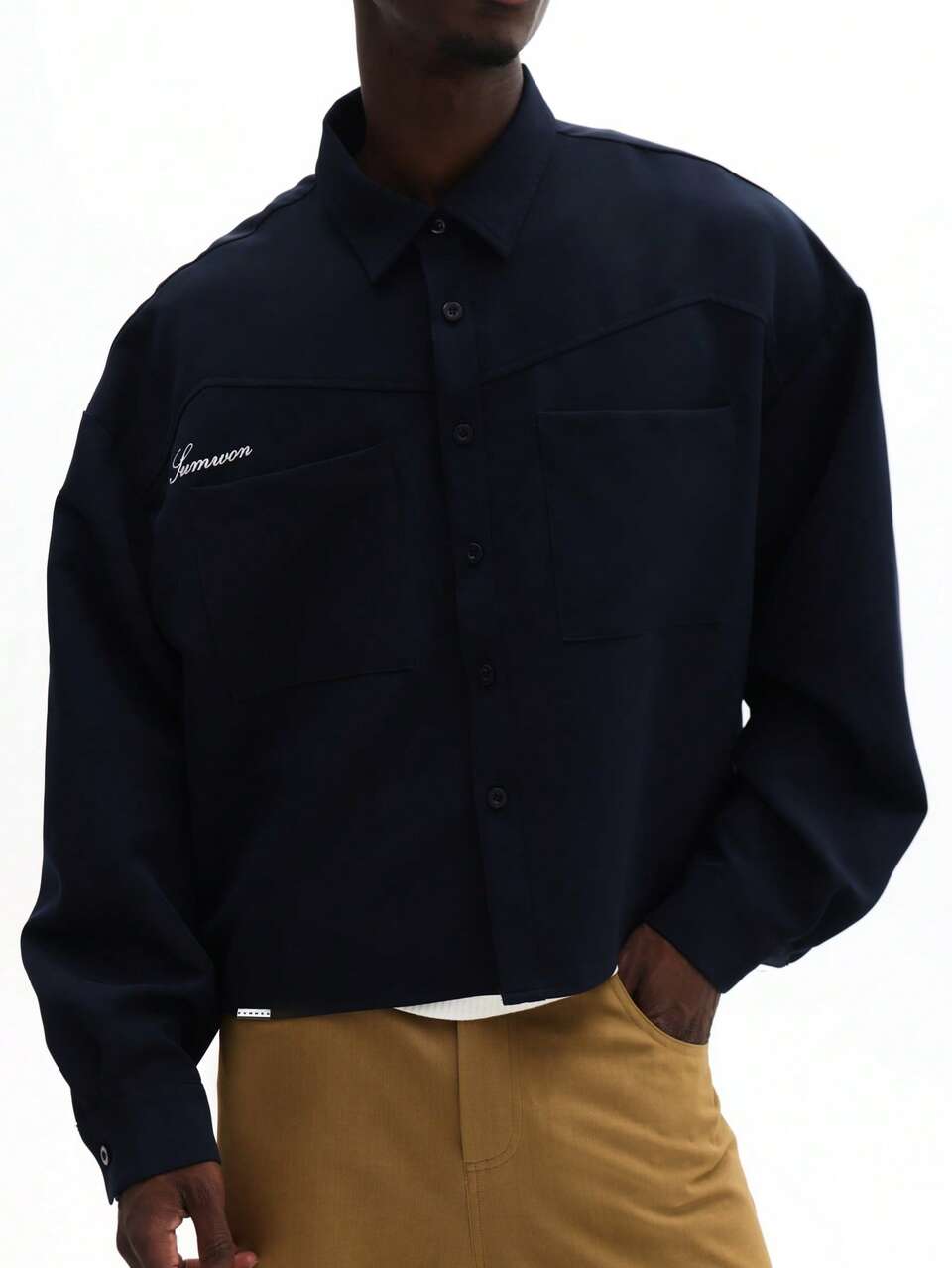 SUMWON Oversized Button Down Casual Long Sleeve Shirt Relaxed Fit Workwear Style Plain