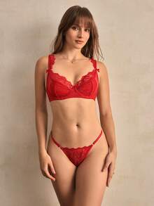 Charlaine French Lace Mesh Lace Bra, Elegant Autumn Lingerie - Red - View 7