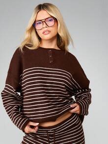 MISSGUIDED 条纹纽扣细节针织套头衫 长袖罗纹毛衣 秋冬舒适套头衫 - 彩色 - 查看 4