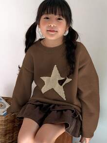 Dazy Kids Tween Girls' Round Neck Five-Pointed Star Pattern Casual Sweater - Brown - View 5