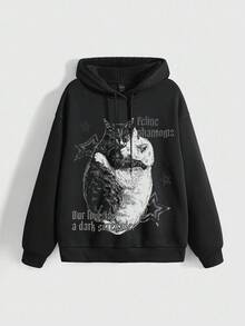 ROMWE Grunge Punk 可爱猫咪抱星 Y2K 宝贝宽松街头风印花卫衣，带口袋，黑色 - 黑色 - 查看 1