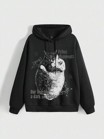 Grunge Punk Cute Cat Hugging Star Y2K Babe Loose Street Graphic Hoodie With Pocket, Black