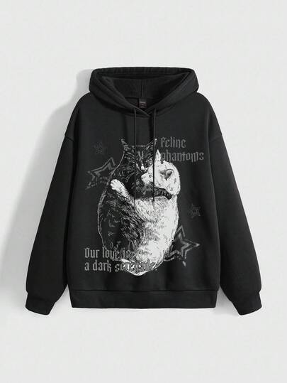 Grunge Punk Cute Cat Hugging Star Y2K Babe Loose Street Graphic Hoodie With Pocket, Black