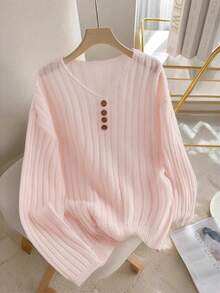 新款优雅纽扣装饰套头毛衣，简约欧美风时尚针织上衣 - 粉色 - 查看 4
