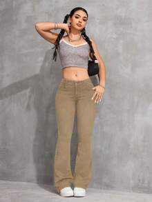 SHEIN ICON Plus Size Women Retro Elastic Fitted Flare Jeans, Versatile Cowgirl/Rodeo - Khaki - View 7