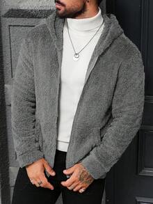 Manfinity CasualCool Men's Solid Color Long Sleeve Zip-Up Hooded Fleece Jacket, Autumn/Winter Fur Hoodie Zip Up Grey Zip Up Hoodie Grey Cardigan Grey Jacket - Light Grey - View 5