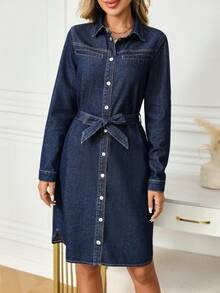 EMERY ROSE Women's Long Sleeve Single-Breasted Belt Design Casual Denim Shirt Dress Long Sleeve Denim Dress Women Jean Dress Chambray Dress Curve Denim Dress Demin Dress For Curv Woman - Dark Wash - View 5