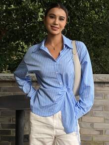 DAZY Damen Lässig Bluse mit Kragen, Streifen und Seitenschnürung, Langarm - Blau - Übersicht 2