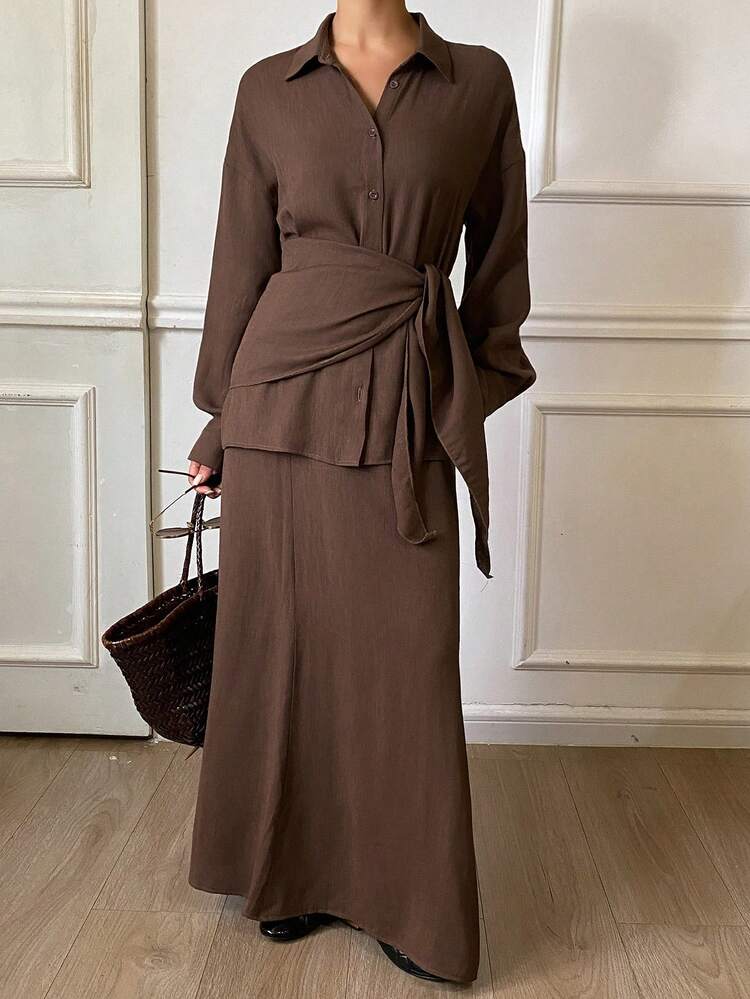 Women's Solid Color Set, Long Sleeve Lapel Wrap Tie Shirt And Long A-Line Skirt, Casual And Fashionable Loose Suit