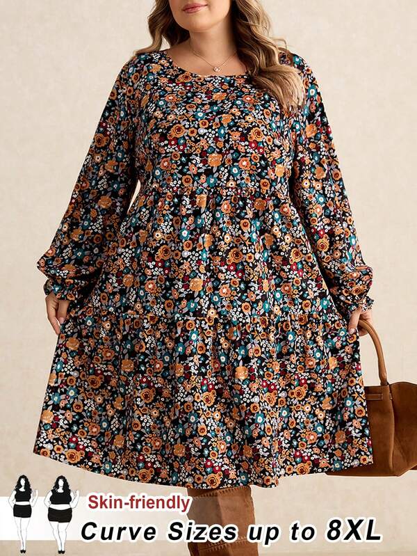 SHEIN CURVE+ Vestido holgado de talla grande con cuello redondo y estampado floral pequeño y sencillo, adecuado para otoño e invierno