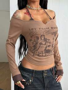 Coolane t-shirts à manches longues avec encolure dégagée, rayures kaki et marron, style vintage Y2K, gothique et grunge. Confortables et extensibles, parfaits pour une sortie en ville en automne/hiver - Kaki - Voir 4