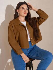 SHEIN LUNE 大码秋季女装纯色简约休闲长袖外套 秋季外套&秋季女装 冬季服装 - 咖啡棕 - 查看 1