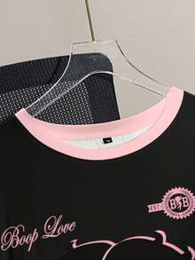 Betty Boop x SHEIN 大码撞色卡通人物图案圆领短袖T恤 - 白色 - 查看 3