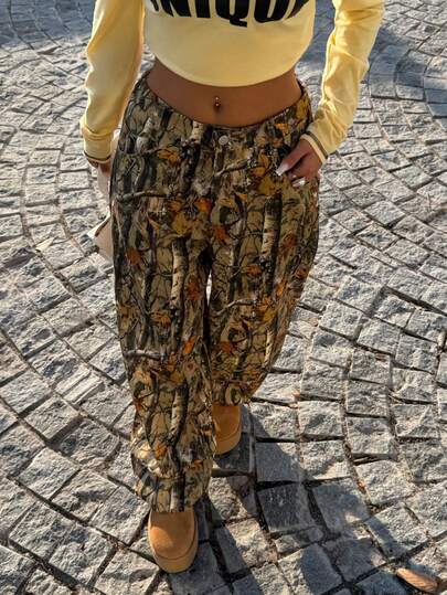 Muchica Pantalon évasé en tissu imprimé branche pour femmes