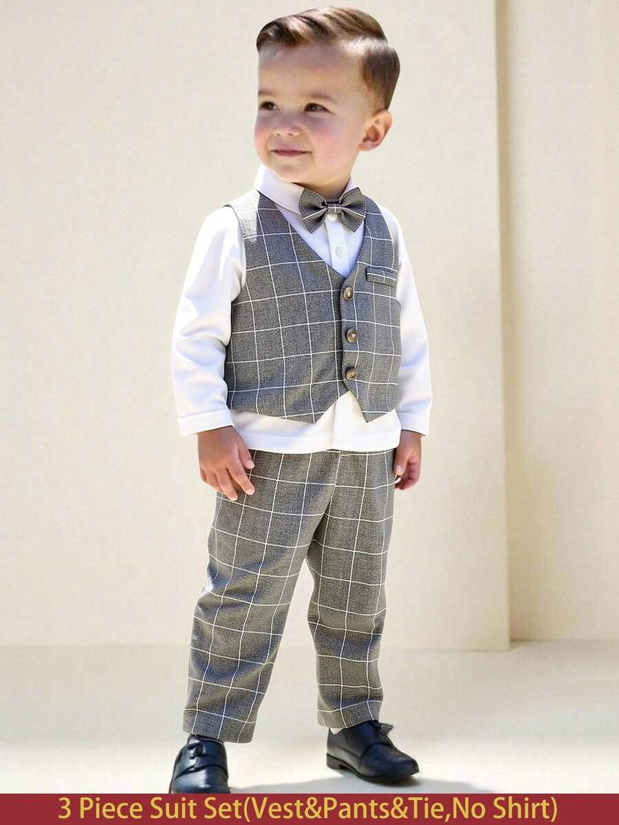 男婴优雅绅士套装三件套,包括格子单排扣马甲、松紧腰裤和蝴蝶结(不含衬衫),适合春秋季日常穿着、户外活动、上学、参加派对、出席活动和拍照等场合。男婴服装、男婴西装、男婴正装、男婴洗礼服、男婴正式场合绅士装,返校季必备。 - 深灰色 - 查看 1