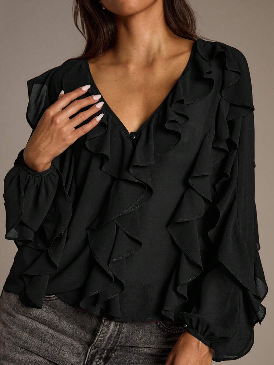 Aloruh Women's Solid Color Ruffle V-Neck Long Sleeve Fashion Blouse - Black - View 1