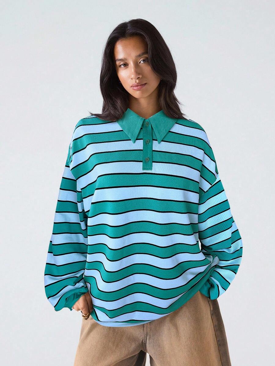 LYSMO Áo thun polo tay dài cổ bẻ kẻ sọc vai trễ dành cho nữ - Màu xanh lam - Xem 1