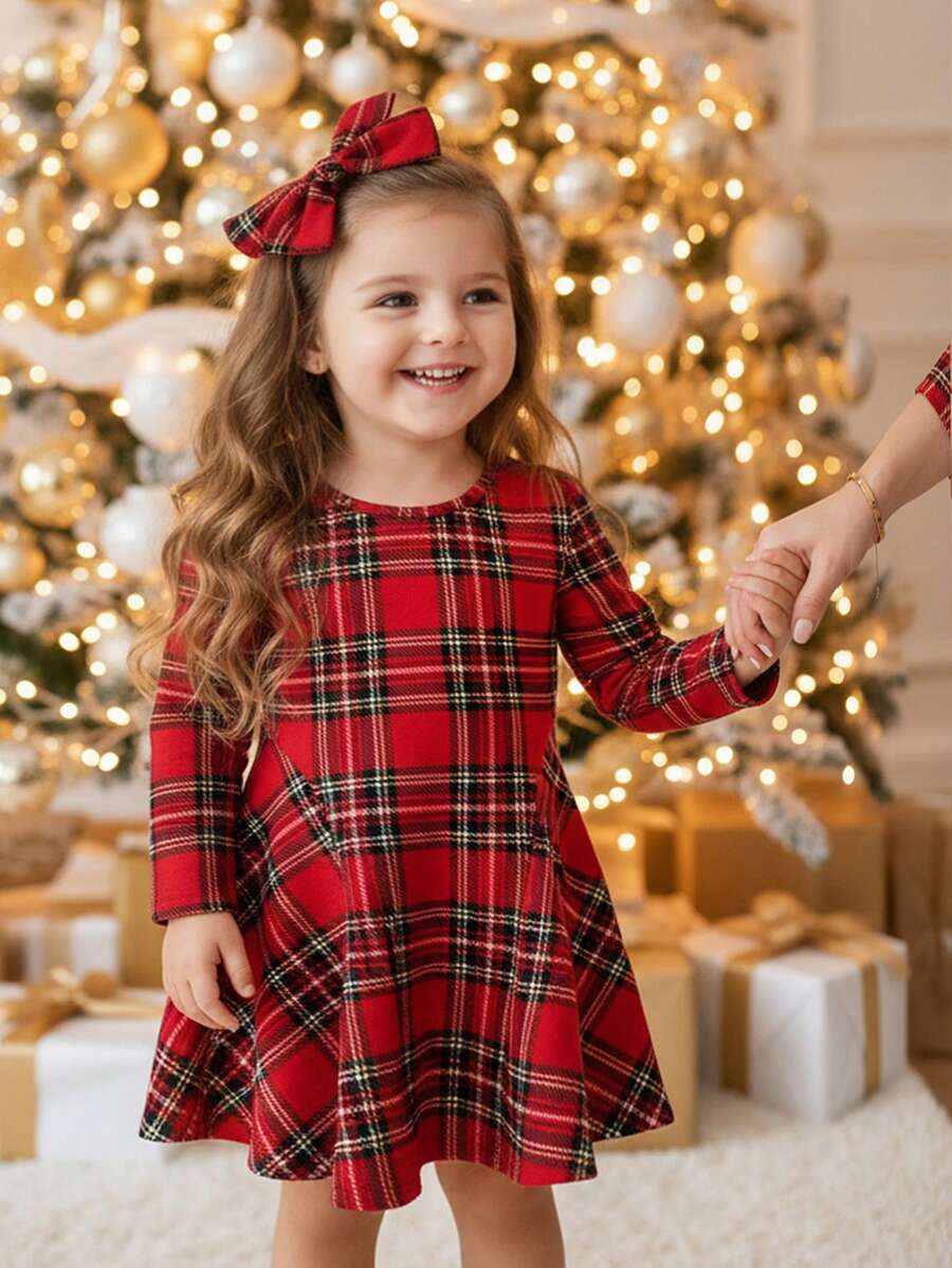 女宝宝可爱学院风休闲红色格子针织连衣裙 - 紅色 - 查看 1