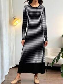 Tween Mädchen) Lässiges, elegantes, schlichtes Pendler-Kleid für Herbst/Winter mit gestreiftem Patchwork, Schlitz und langem Strick-Schnitt - Schwarz - Übersicht 2