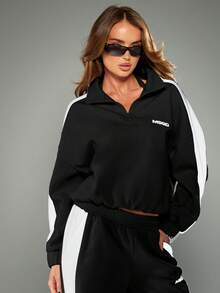 MISSGUIDED Oversized Half Zip Pullover Sweatshirt With Contrast Side Stripes And Logo - Black - View 4