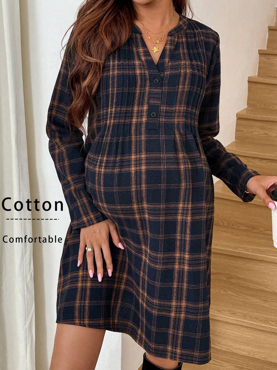 SHEIN 孕妇休闲格子印花长袖连衣裙 - 藏蓝色 - 查看 1