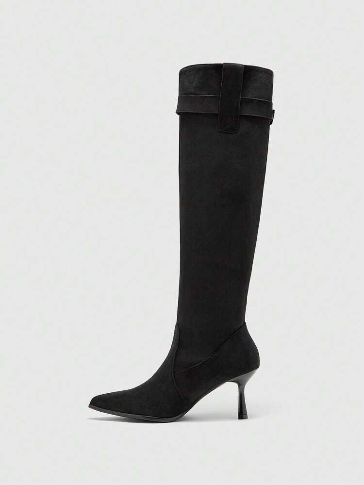 CUCCOO BIZCHIC Black Pointed-Toe Knee-High Boots | Matte Premium Leather | Metallic Stiletto Heel | Adjustable Gold Buckle | 2 Pairs, Luxury Synthetic