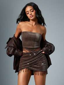 Hauture Strapless Glitter Velvet Mini Top - Brown - View 1