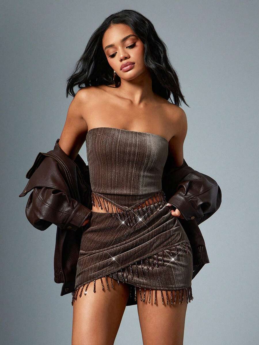 Hauture Strapless Glitter Velvet Mini Top - Brown - View 1