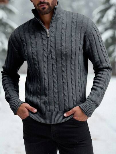 Manfinity Homme Plus Size Men's Zip Design Long Sleeve Cable Pattern Sweater, Autumn/Winter Mens Winter Clothes Mens Cardigans Sweater