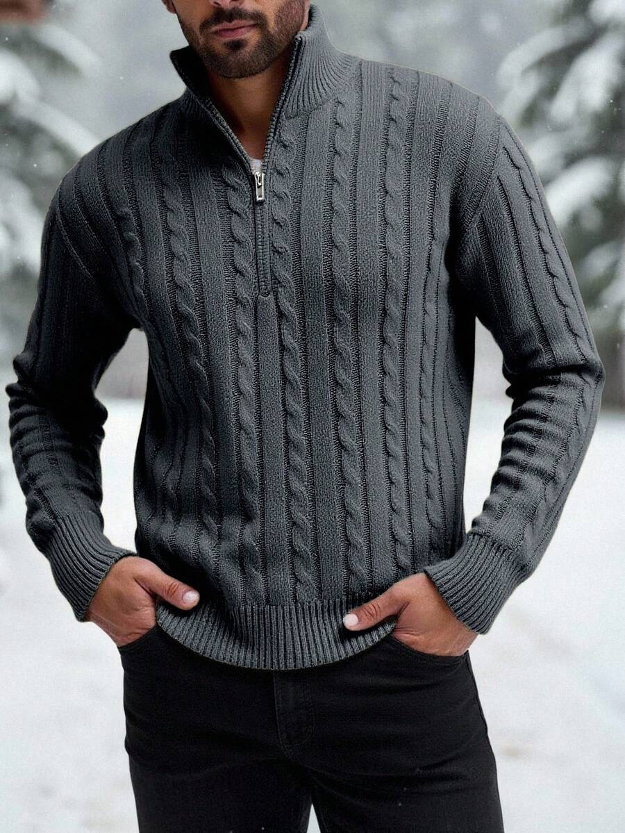 Manfinity Homme 加大码男士拉链长袖麻花针织衫，秋冬男士冬季服装男士开衫毛衣 - 霧霾藍 - 查看 1