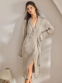 Ocili 柔软绒面系带睡袍，驼色女士睡袍，适合秋冬季节，舒适保暖 - 卡其色 - 查看 2