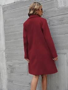 SHEIN LUNE 女式纯色翻领长袖双排扣休闲羊毛大衣，秋冬 - 紅色 - 查看 2