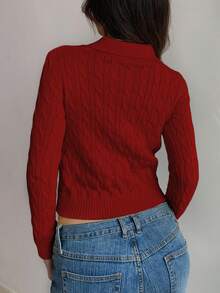 SHEIN Unity Suéter de punto casual con cordón y manga larga para mujer, color amarillo claro, otoño/invierno - Rojo - Ver 2