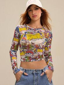 Nick 90s | SHEIN Women's Mesh Sheer Cartoon Pattern Round Neck Long Sleeve Cropped Top - Yellow - View 1