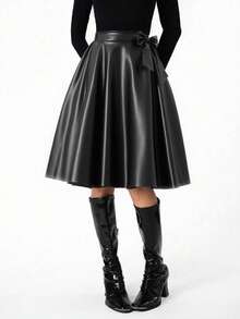 Teen GirlElegant Minimalist Retro Flared PU Leather Skirt