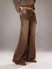 TRNVIE 女士低腰口袋宽松休闲喇叭裤 - 棕色 - 查看 5