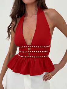 Aloruh Top ras-du-cou sexy à col en V profond avec clous pour femmes, Y2K