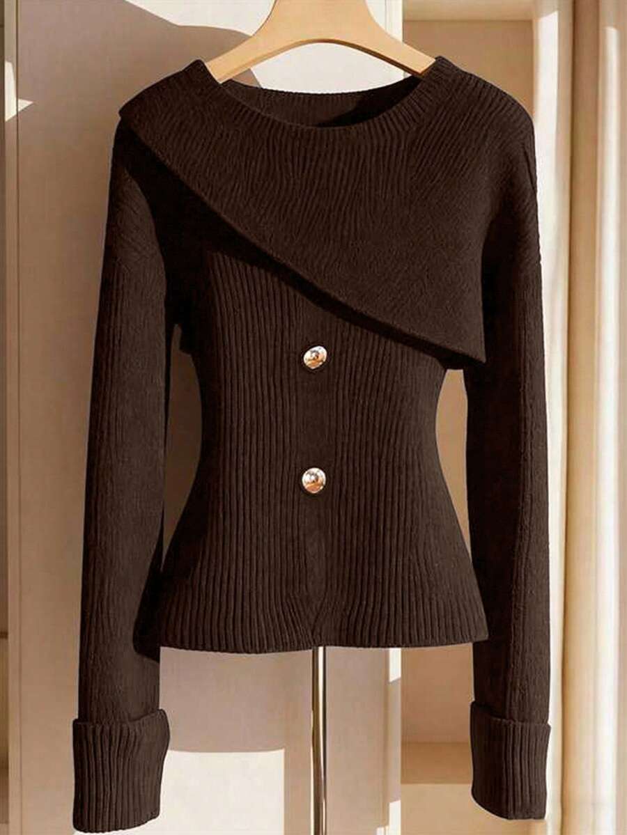 GlowEve Sweater Leher Bulat Hitam Asimetris 2-in-1 Bergaya Mewah, Gaya Korea Minimalis untuk Wanita di Musim Gugur - Coffee Brown - View 1