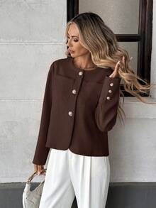 Pariaura 优雅法式风格编织圆领长袖修身绿色女式外套，夏季新品 - 棕色 - 查看 3