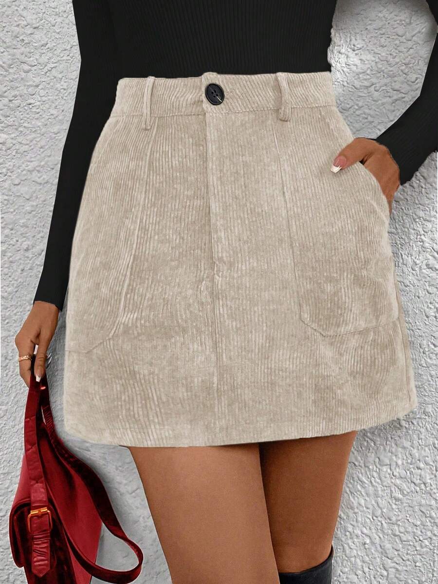 SHEIN PETITE 秋冬休闲百搭纯色半身裙 - 杏色 - 查看 1