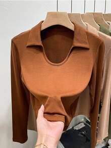 Franclia 女士休闲纯色长袖T恤，适合秋冬季穿着 - 棕色 - 查看 3