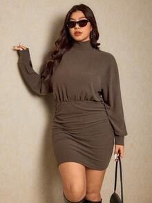 Elaquor Women's Plus Size High Neck Fitted Textured Fabric Top - Brown - View 6