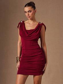 SHEIN BAE Burgundy Sexy Plunging Neck Metal Decor Mini Dress, Suitable For Party, Cocktail, Formal Occasions, Bridesmaid, Birthday, Christmas, Halloween - Burgundy - View 6